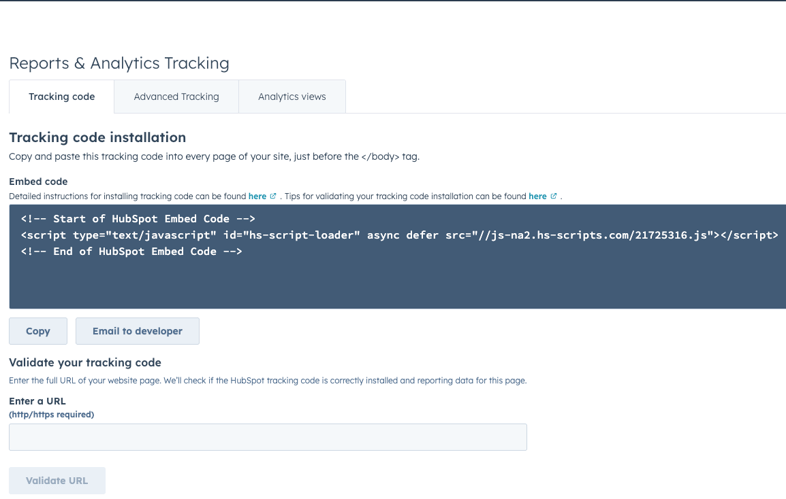 Adding tracking code in HubSpot settings