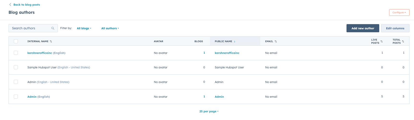 Blog author settings in HubSpot