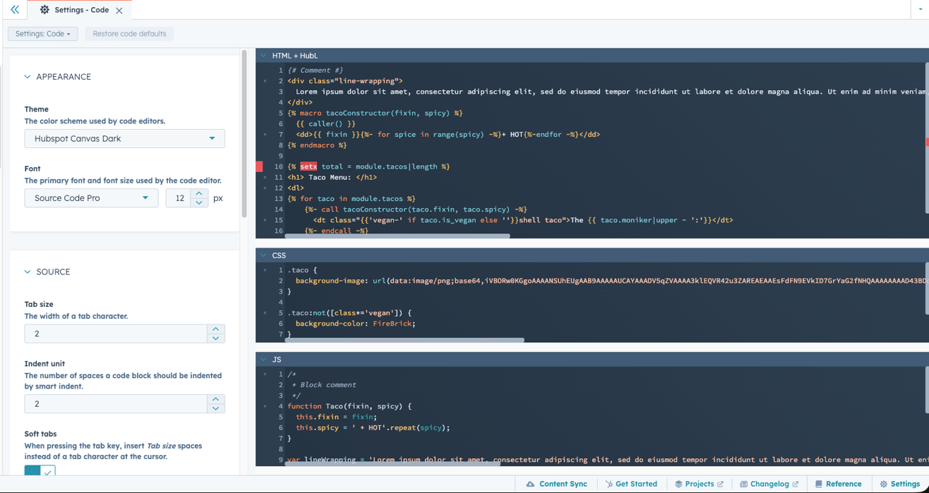Custom code settings panel in HubSpot