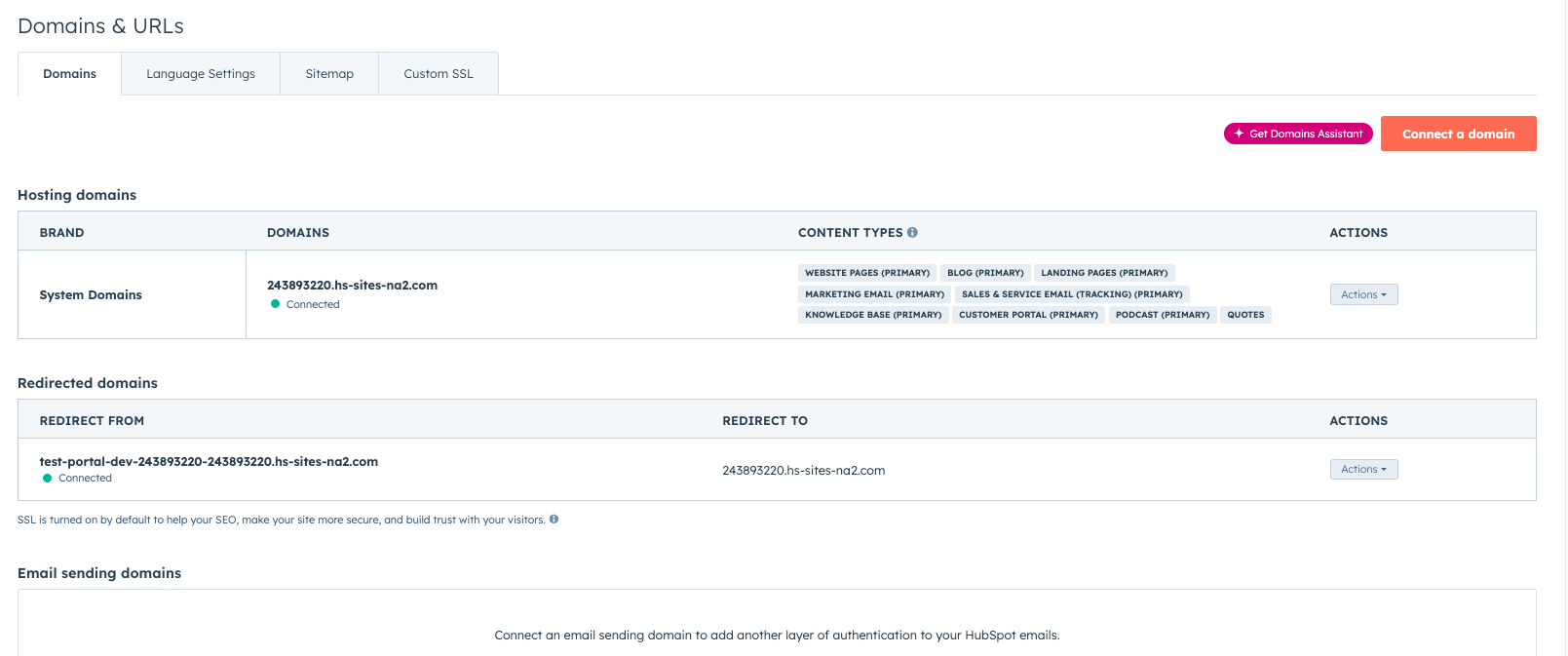 HubSpot SSL settings or secure domain indicator