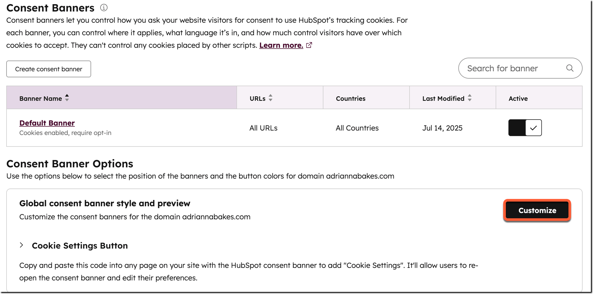 Example cookie consent banner