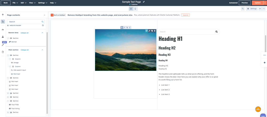 Example page showing sections and modules