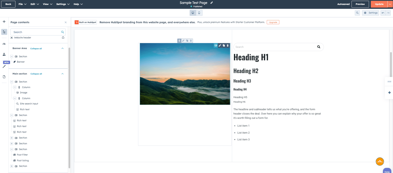 HubSpot page template layout