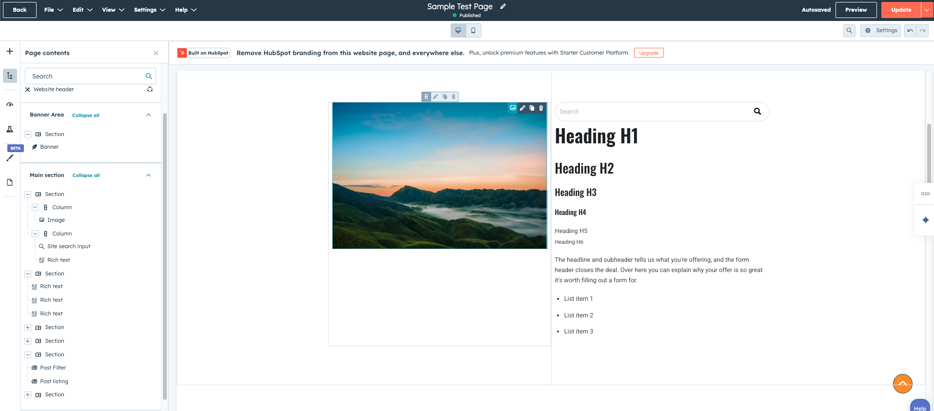 Example page showing sections and modules
