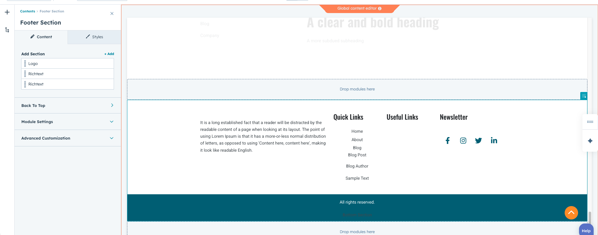 Example website footer section