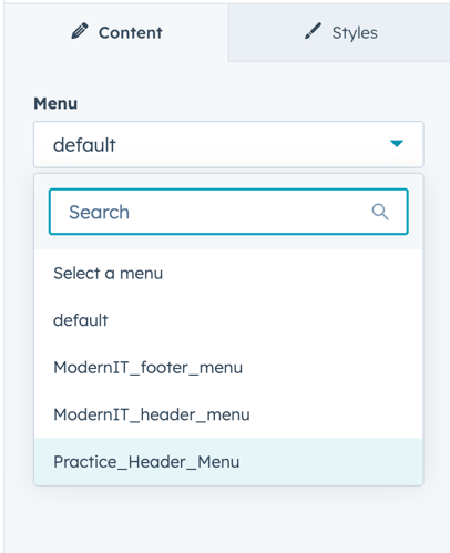 Example website navigation menu