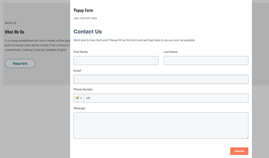 Example website pop-up form