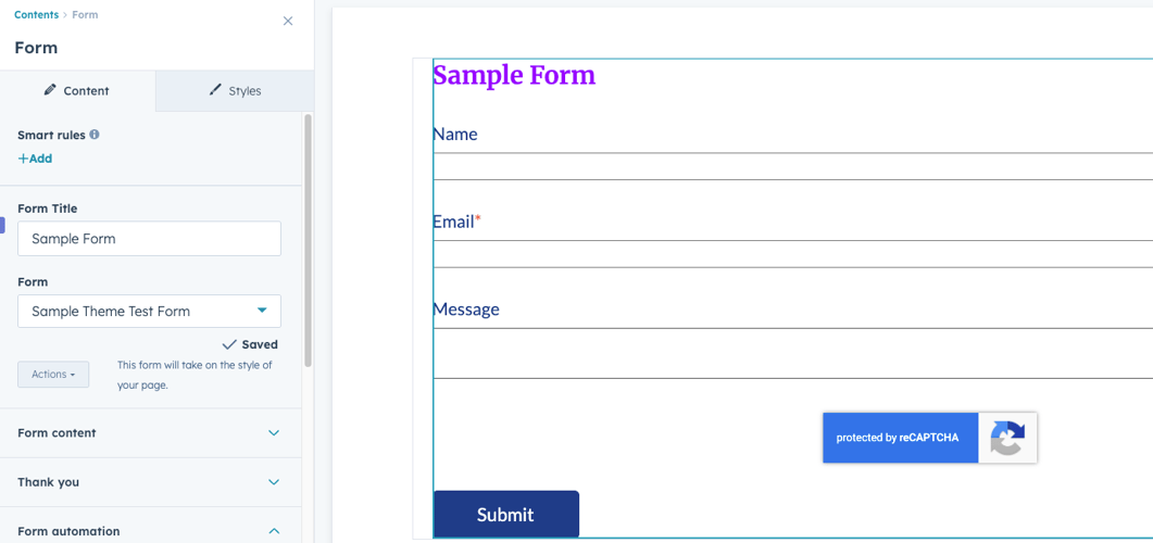 Form module inside page editor