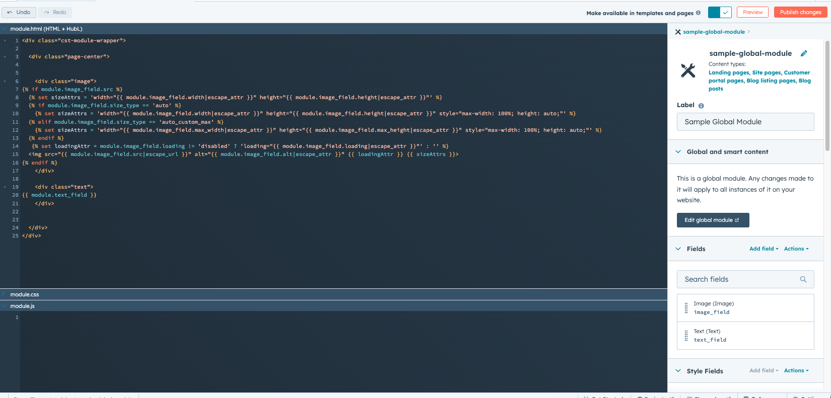 HubSpot Design Manager global module settings