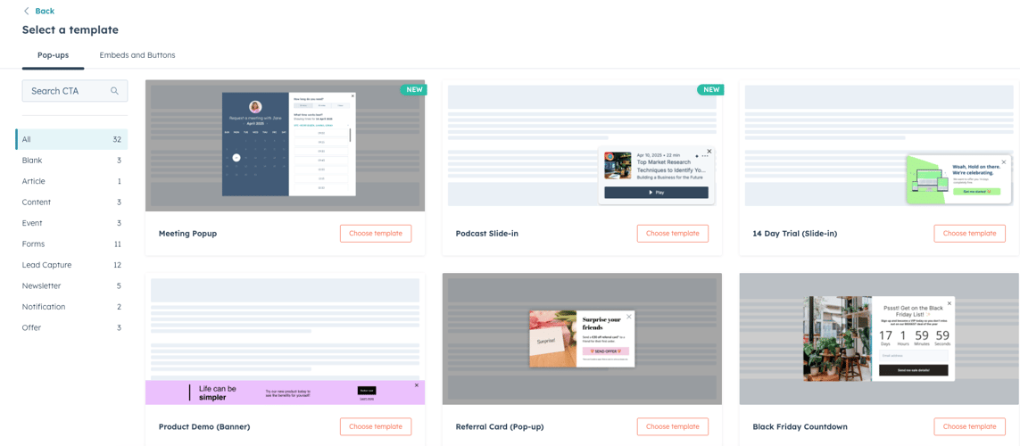 HubSpot CTA creation interface