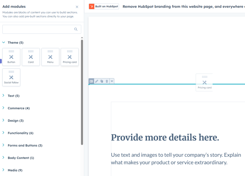 HubSpot Content Hub drag-and-drop page editor interface