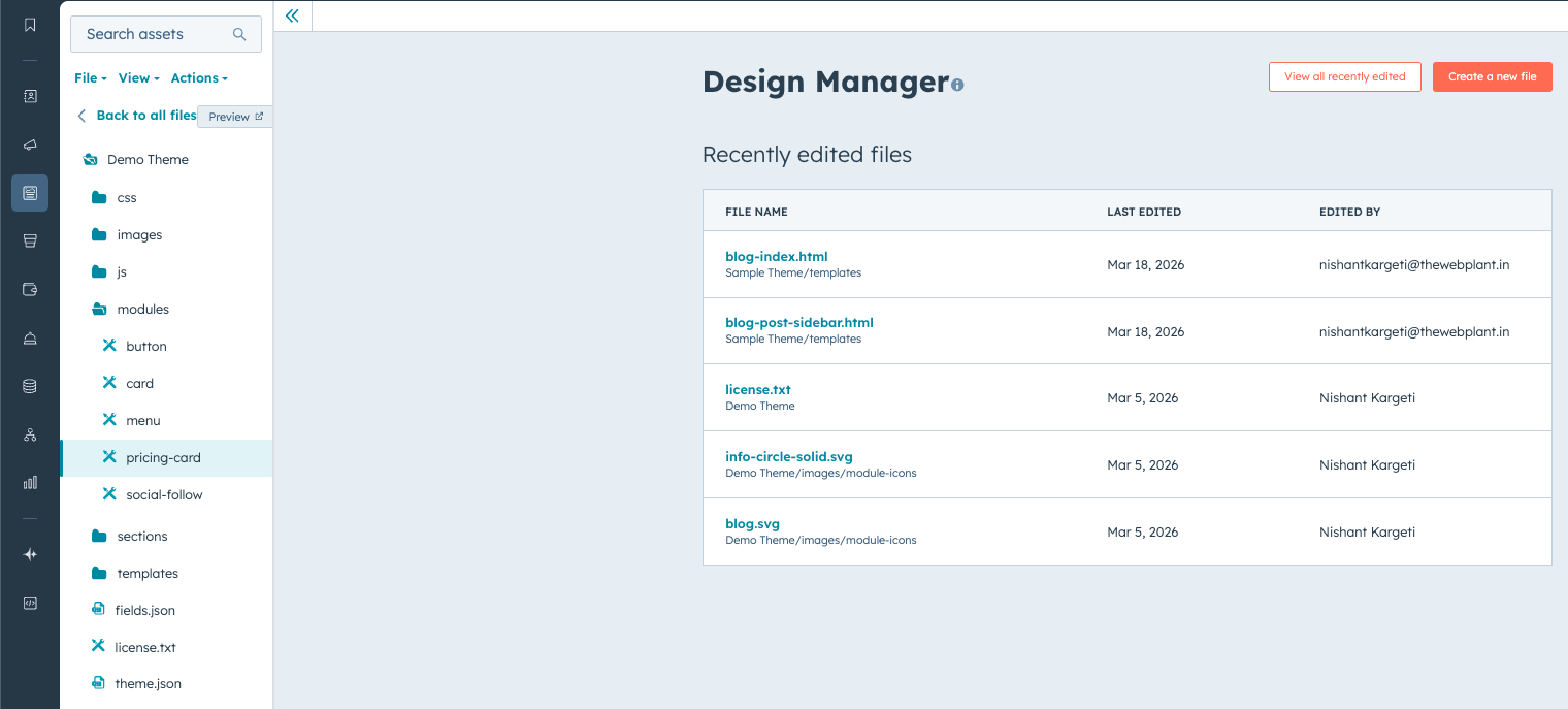 HubSpot Design Manager Interface