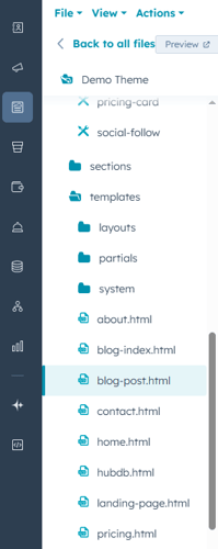 HubSpot Design Manager showing blog templates