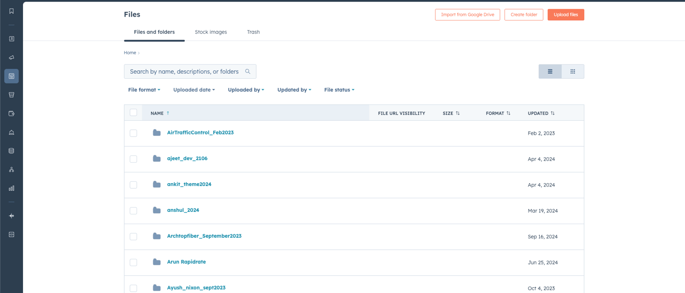 HubSpot File Manager dashboard