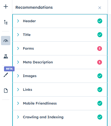 HubSpot SEO recommendations panel