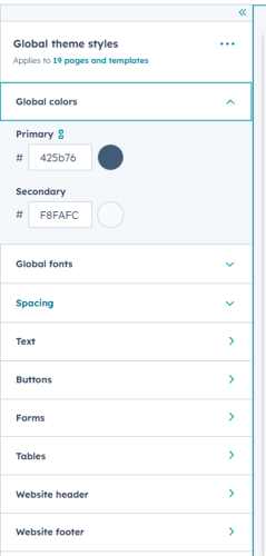 HubSpot theme settings panel