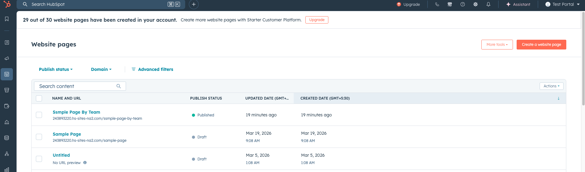HubSpot Website Page dashboard
