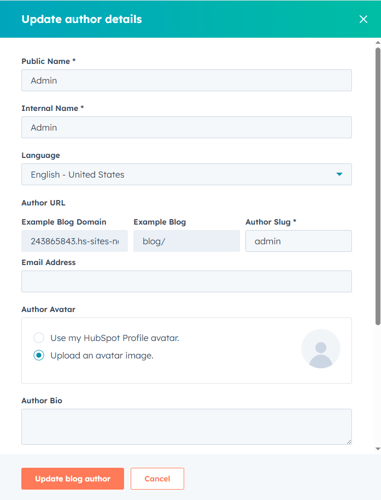HubSpot author profile settings