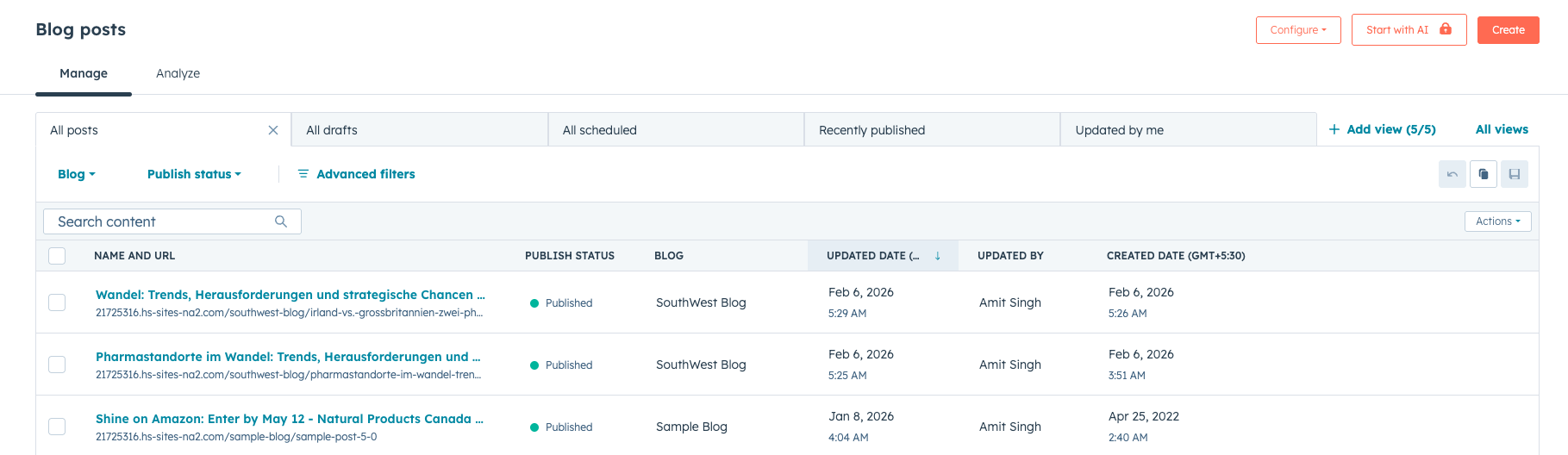 HubSpot blog dashboard showing scheduled posts-1
