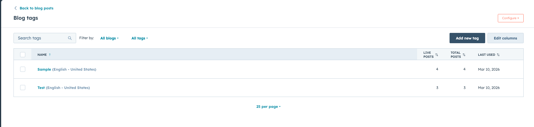 HubSpot blog tag management screen