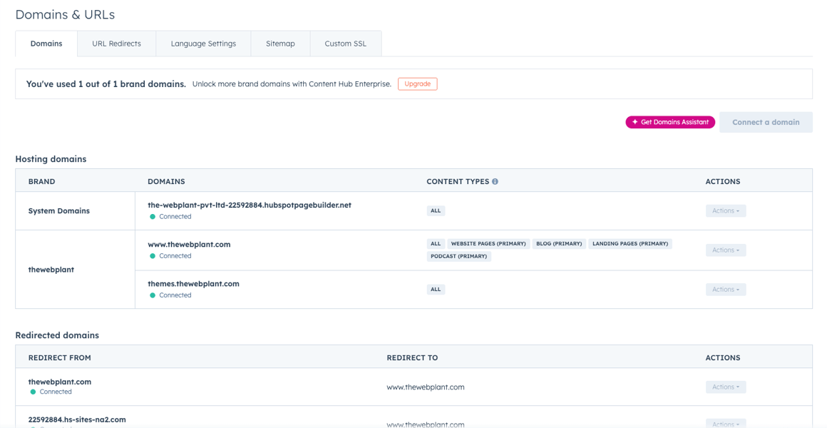 HubSpot connect domain screen
