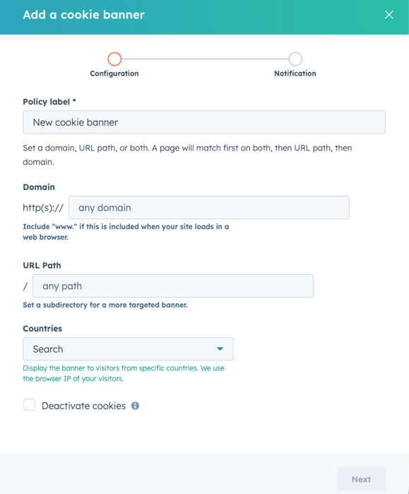 HubSpot cookie consent banner settings