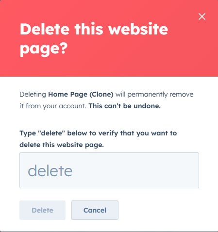 HubSpot delete page confirmation