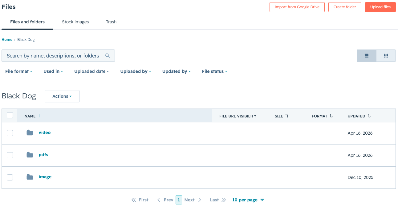 HubSpot file manager dashboard