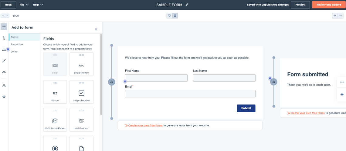 HubSpot form builder interface