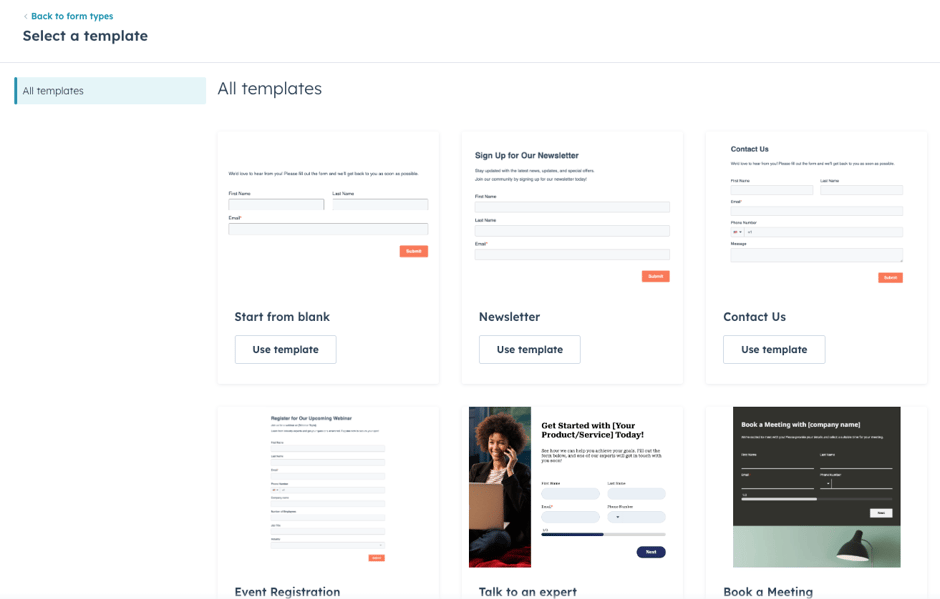 HubSpot form creation interface