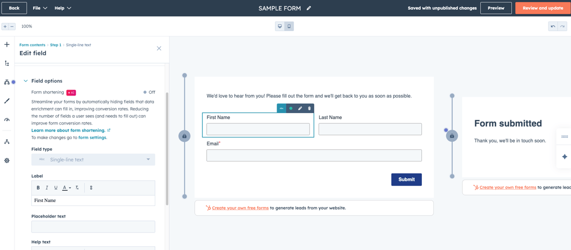 HubSpot form field editor