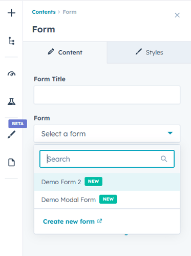 HubSpot form module inside page editor