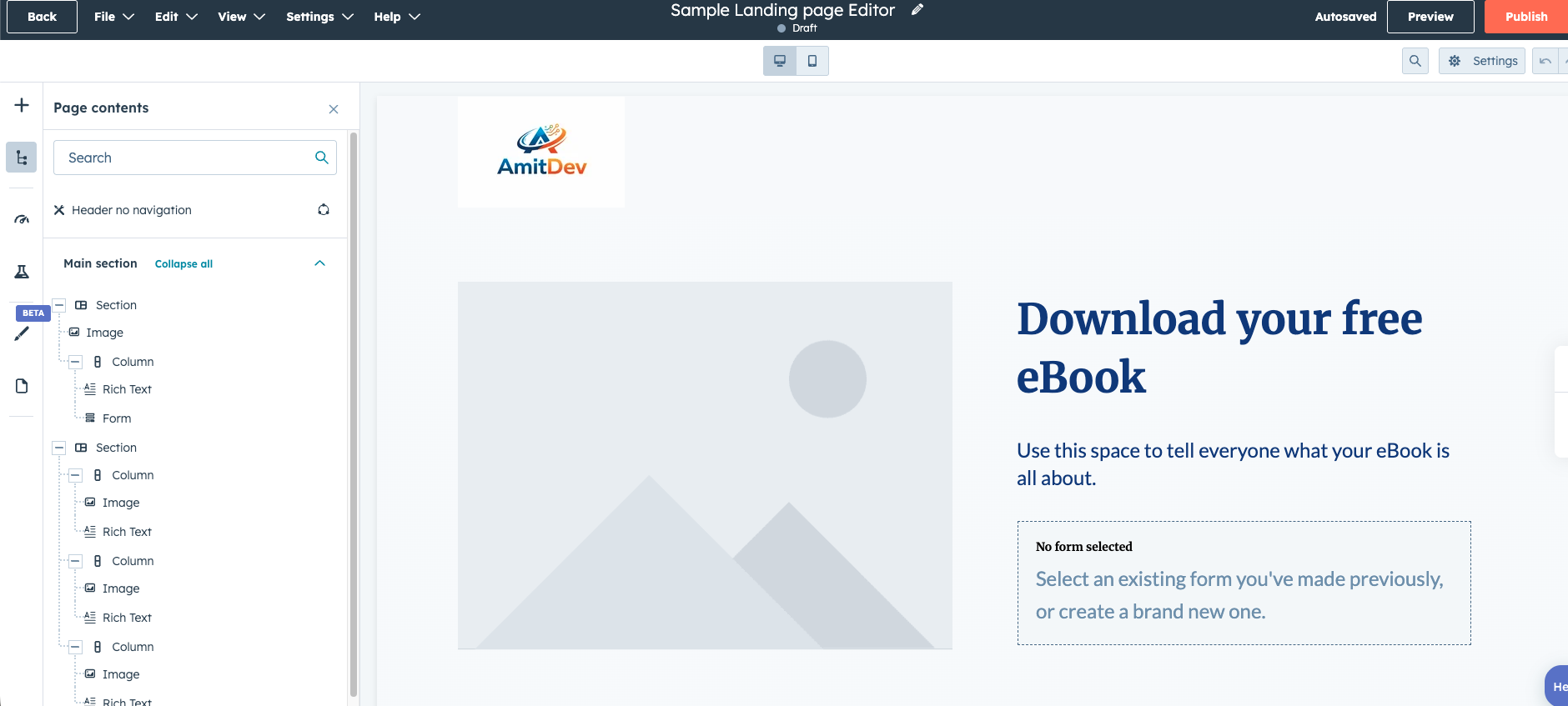 HubSpot landing page editor