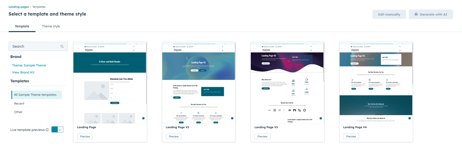 HubSpot landing page template selection-1