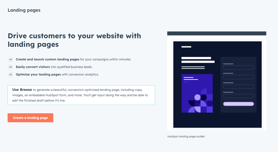 HubSpot landing pages dashboard