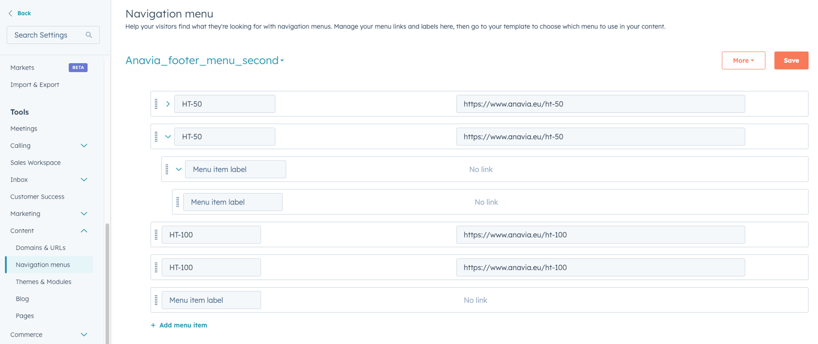HubSpot navigation management interface