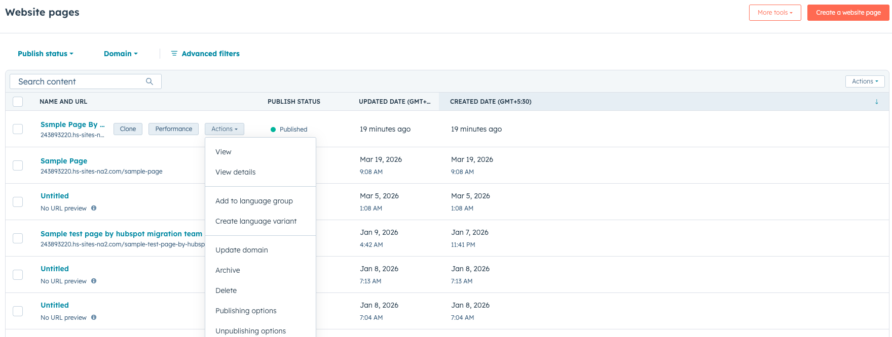HubSpot page actions menu