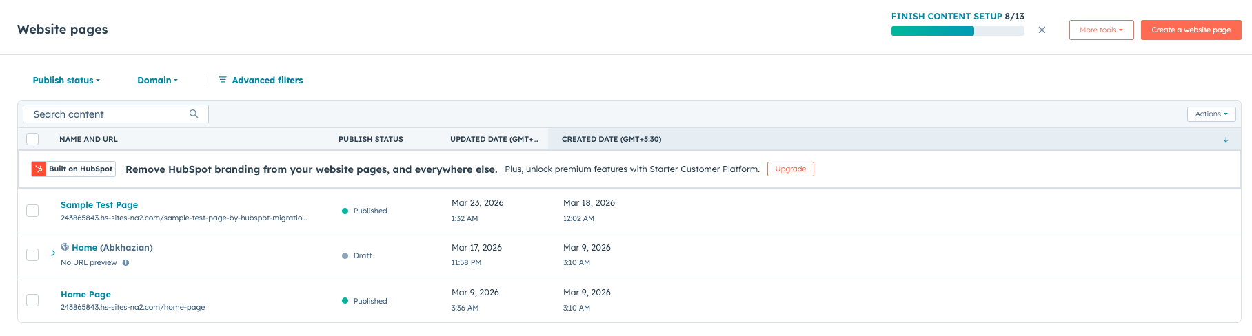HubSpot page list showing action menu-1