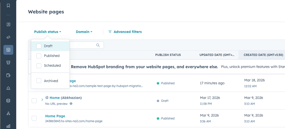 HubSpot page list with filters and folders