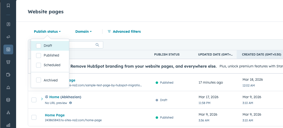 HubSpot website pages dashboard