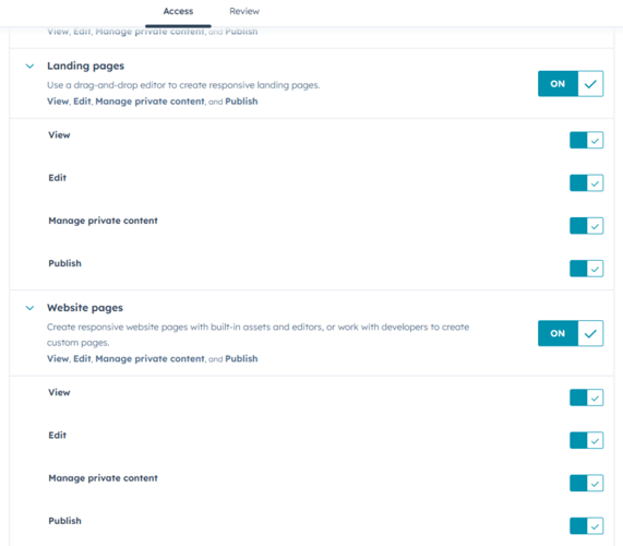 HubSpot page publishing permissions