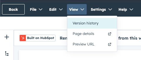 HubSpot page revision history panel