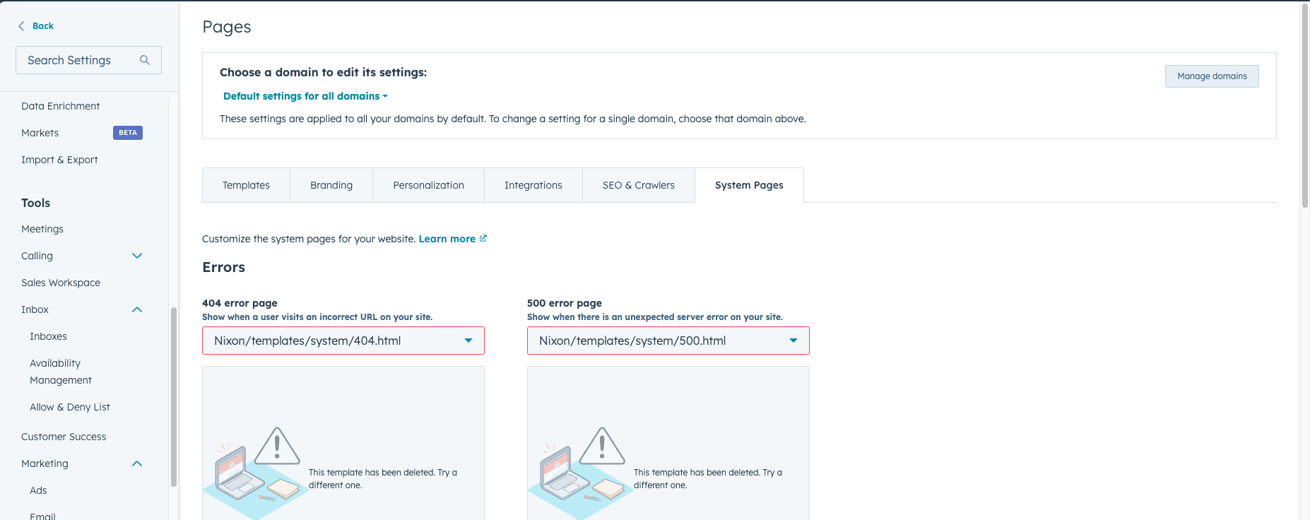HubSpot system pages settings panel