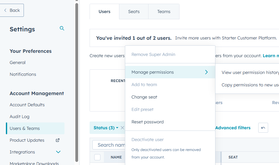 HubSpot user permissions settings