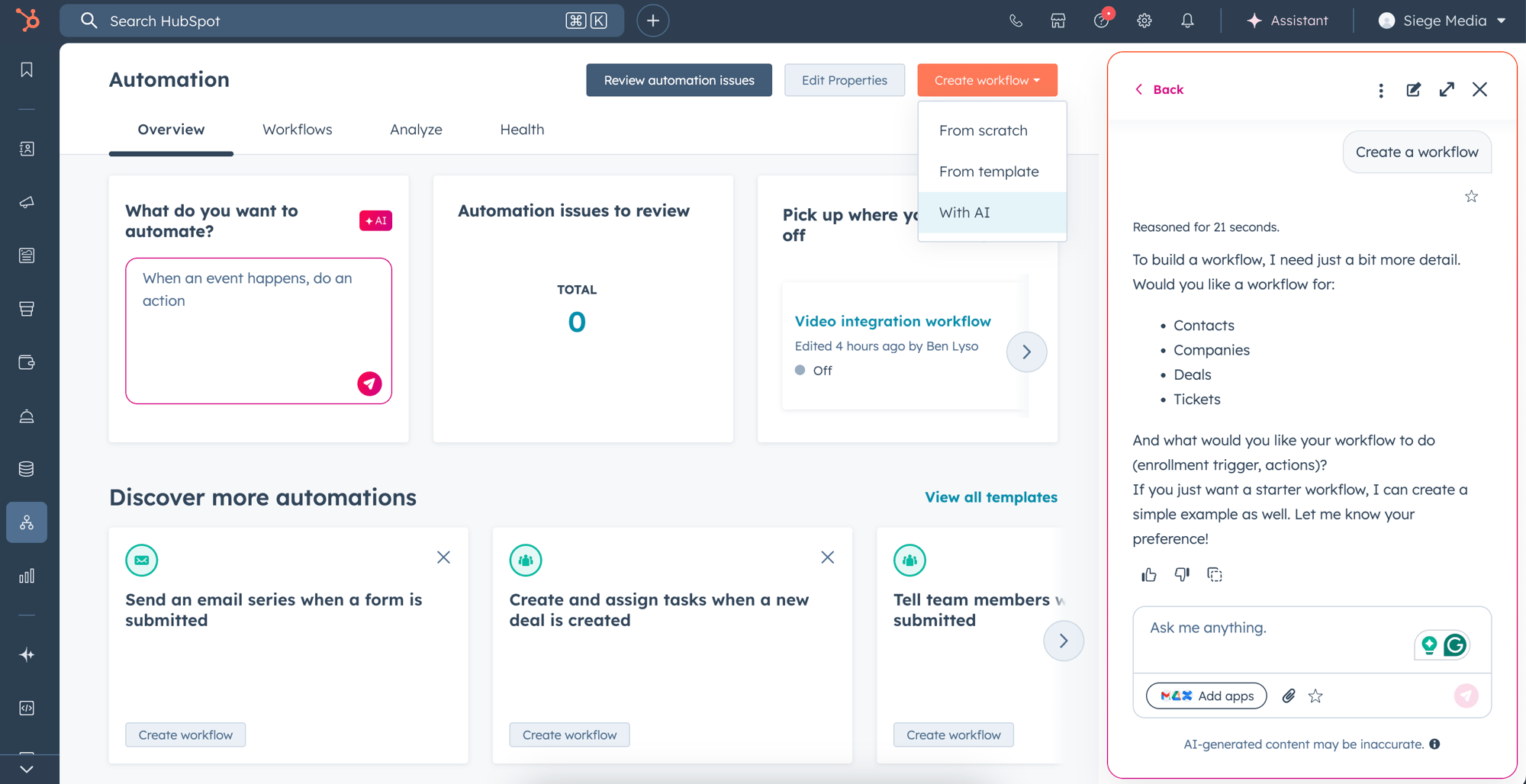 HubSpot workflow builder interface