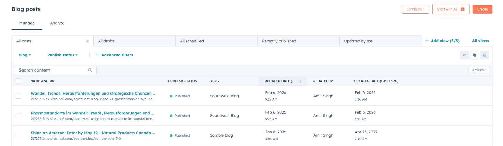 HubSpot blog dashboard