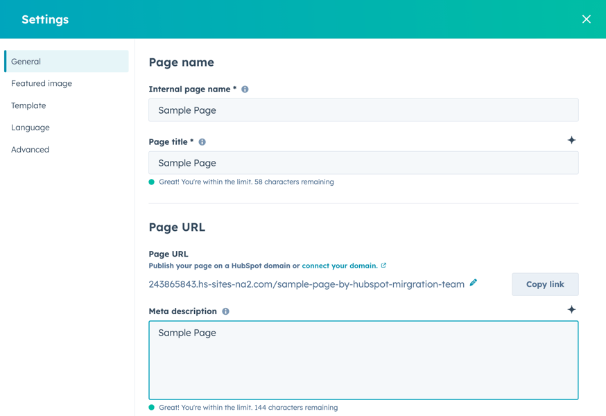 HubSpot page settings panel