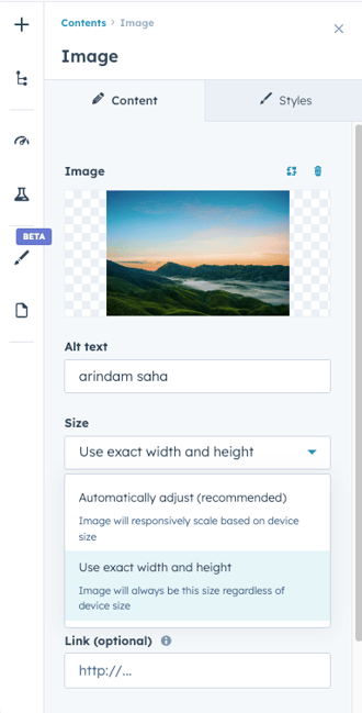 Image module settings in page editor