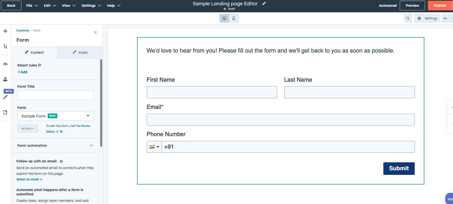 Landing page form module