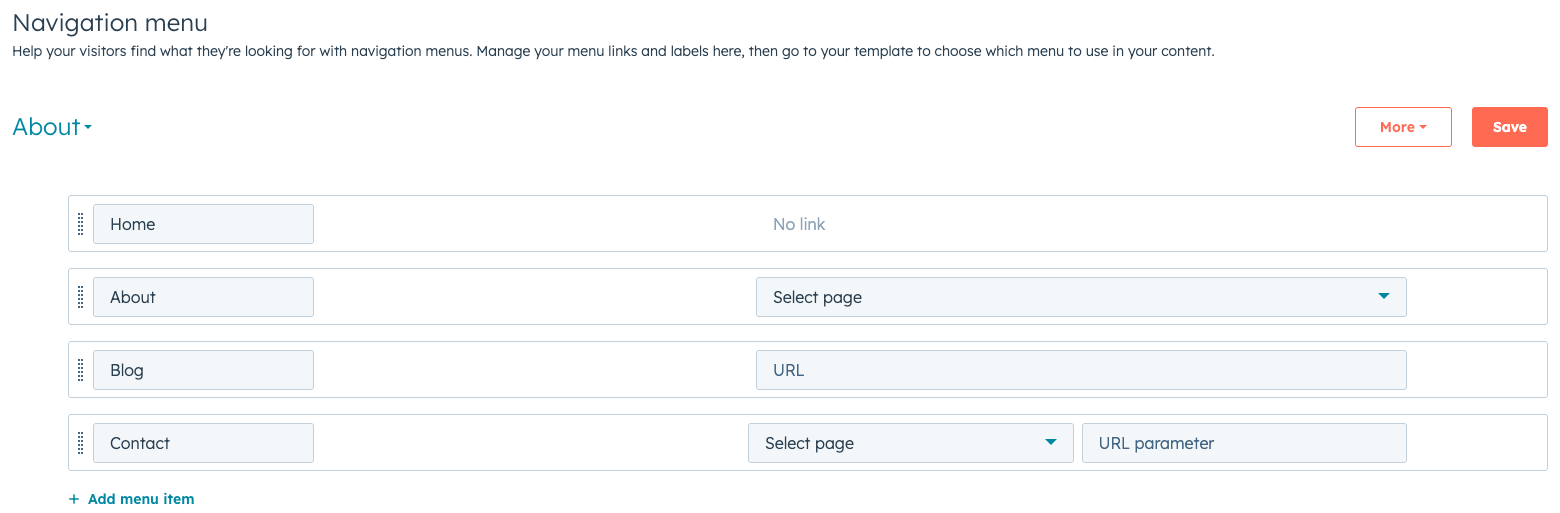 Menu item configuration